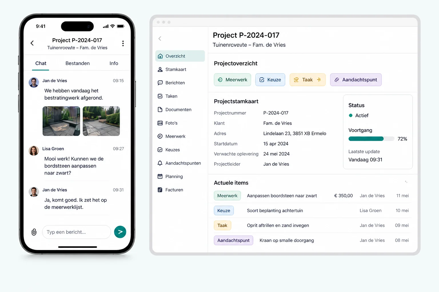 Conceptscherm van een projectdossier met projectstatus, taken, keuzes en documenten